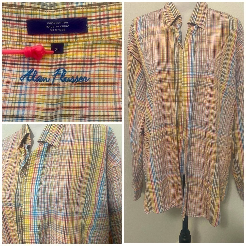 Alan Flusser Multi-Color Plaid Long- Sleeve Button-Down Size‎ XL 100% Cotton